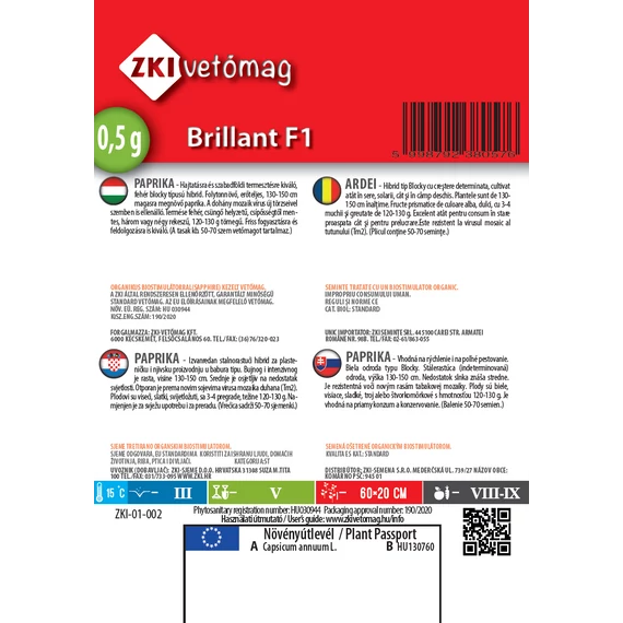 ZKI Paprika Brillant F1 0,5 g hátlap
