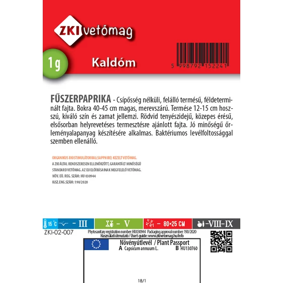 ZKI Paprika Kaldom 1 g hátlap